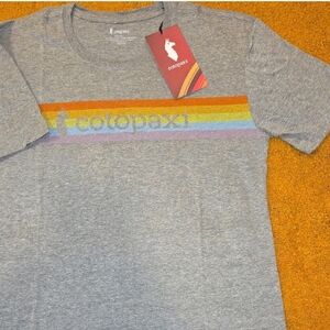 Cotopaxi Gray Tee with Rainbow Stripe